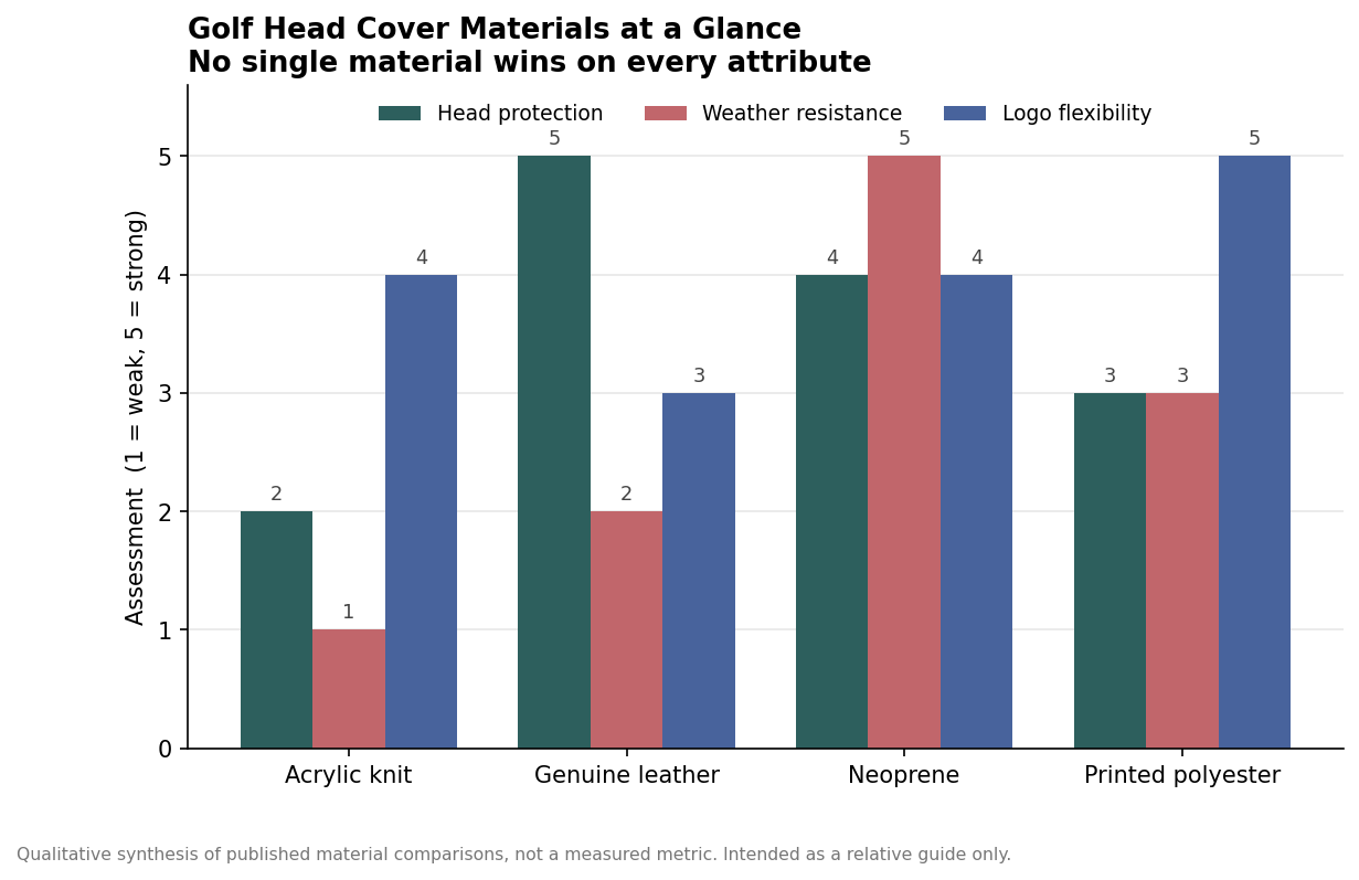 Grouped bar chart rating knit, leather, neoprene and polyester head covers on protection, weather resistance and logo flexibility
